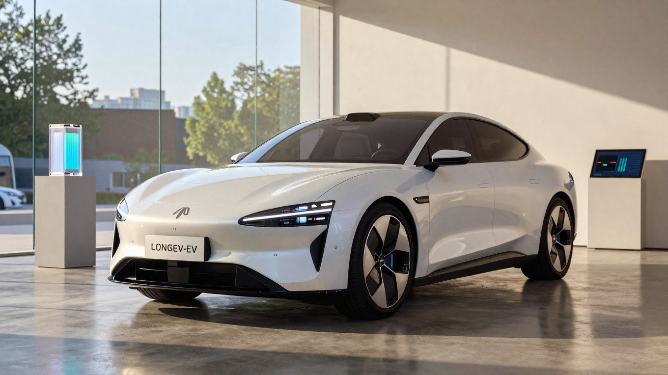 Carro elétrico branco modelo Longev-EV exposto em ambiente moderno com janelas de vidro.