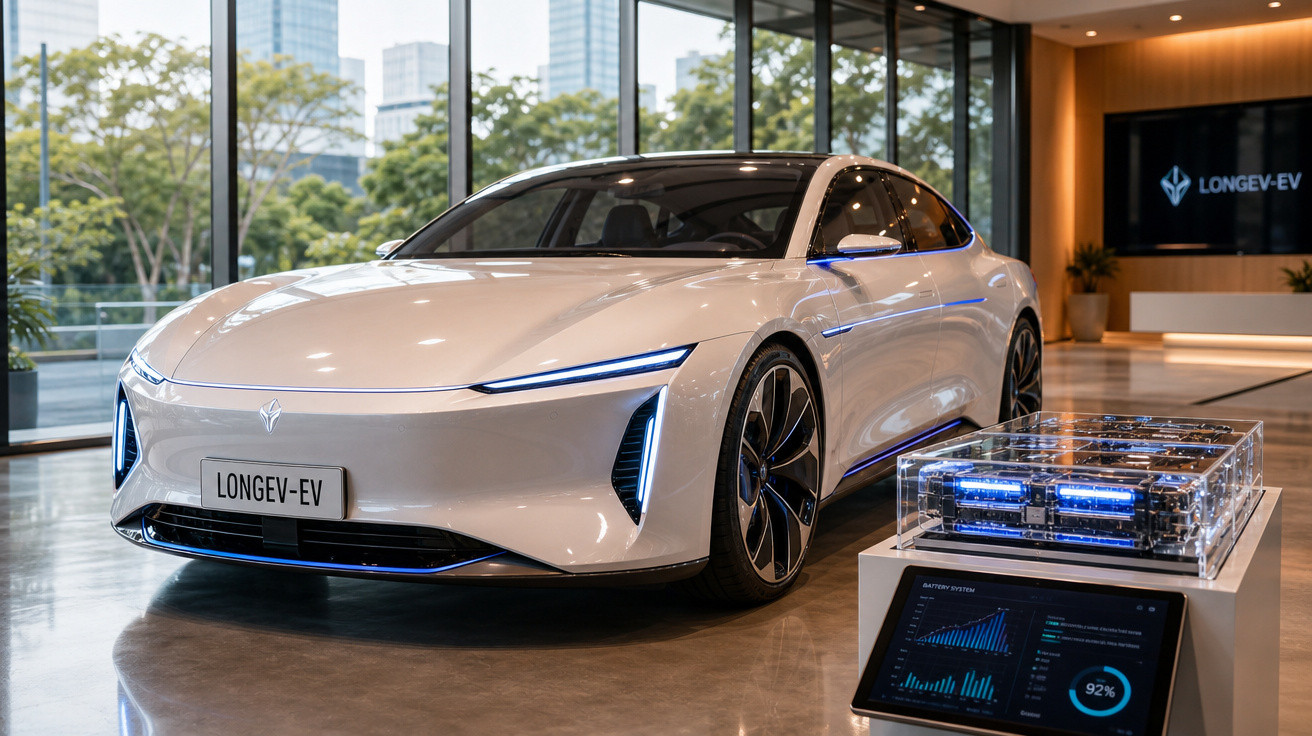 Carro elétrico branco futurista da Longev-EV exibido em showroom com bateria transparente e tela digital.