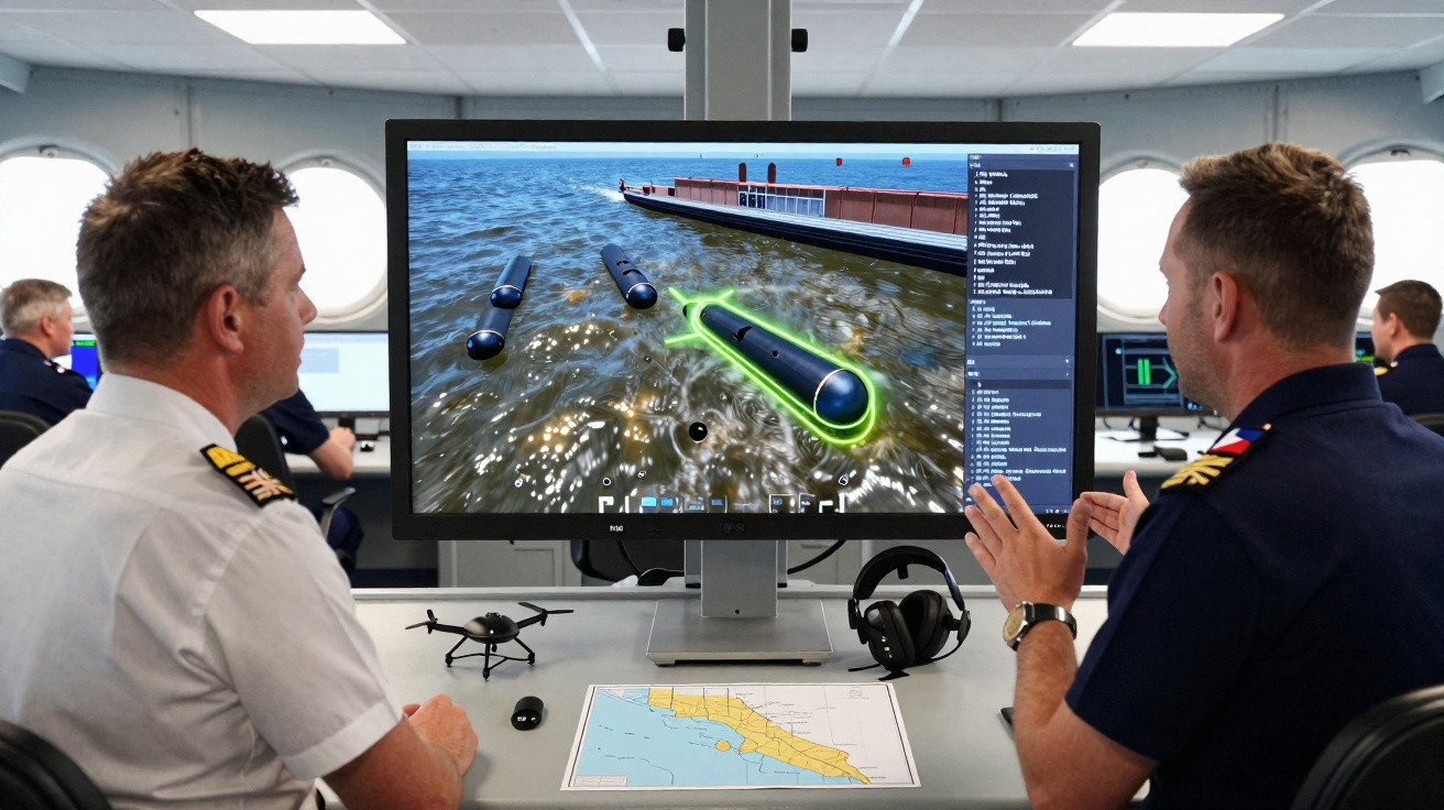 Dois militares observam simulação naval de torpedos em computador dentro de sala de comando marítima.