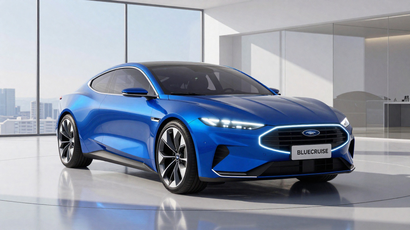 Carro esportivo azul Ford BlueCruise em ambiente interno moderno com janelas amplas.