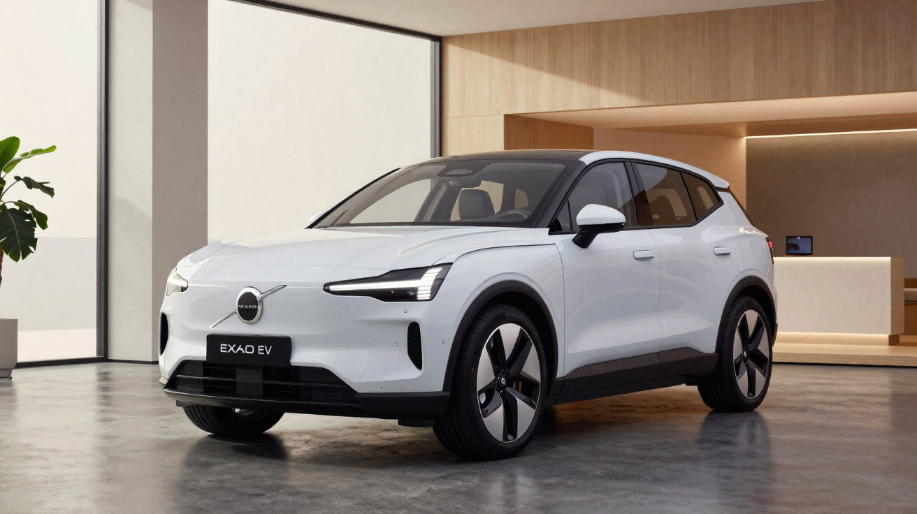 Carro elétrico Volvo EX40 EV branco estacionado em ambiente interno moderno com piso cinza.