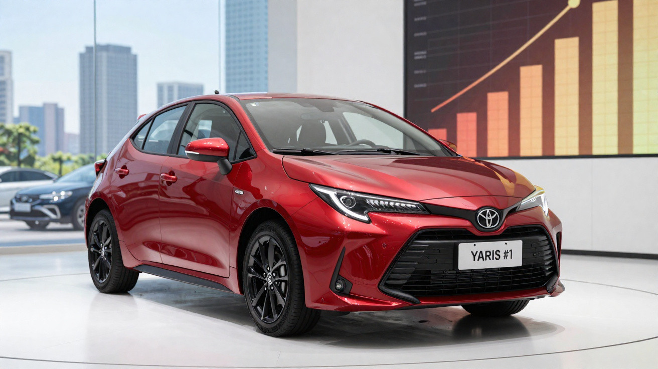 Carro vermelho Toyota Yaris exibido em estande com gráfico de barras ao fundo.
