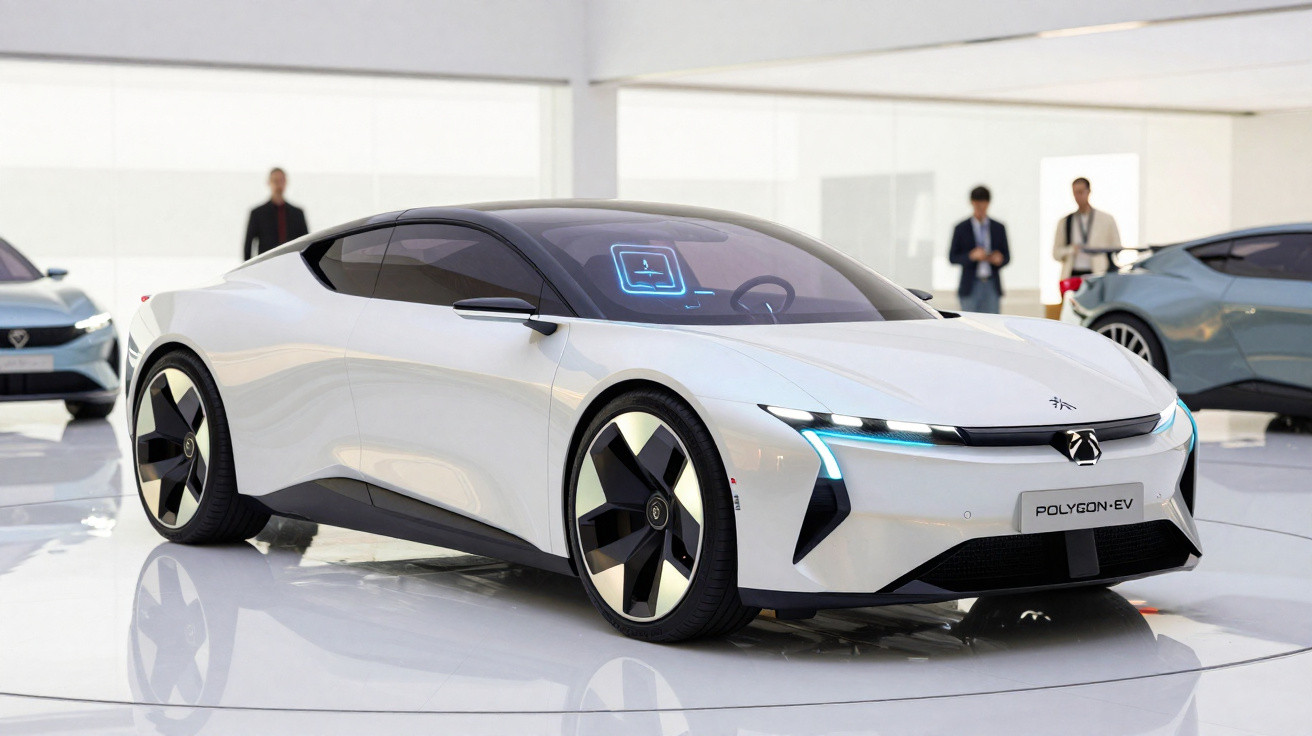 Carro elétrico branco futurista Polygon EV exibido em ambiente moderno com pessoas ao fundo.