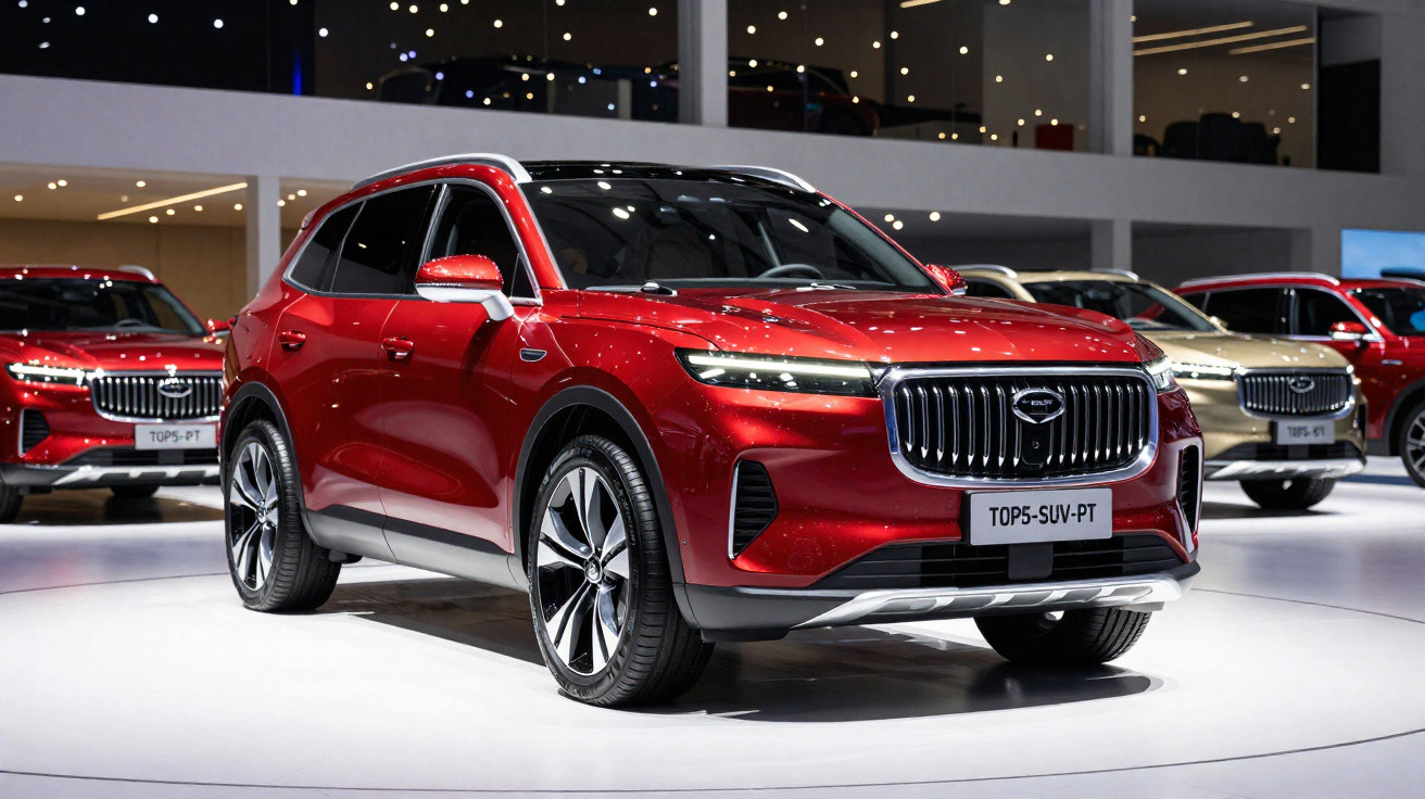 SUV vermelho exposto em salão do automóvel com outros veículos ao fundo e iluminação moderna no ambiente.