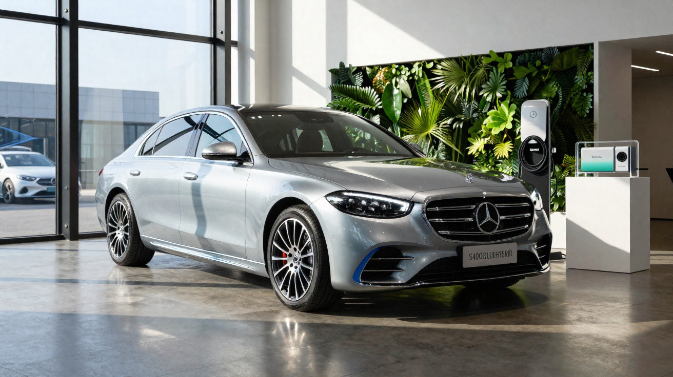 Carro Mercedes-Benz prata estacionado em showroom moderno com parede de plantas ao fundo.