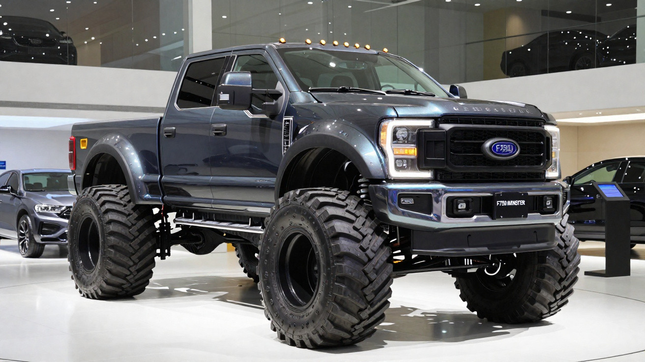 Picape Ford F750 Monster cinza com suspensão elevada e pneus gigantes em exposição.