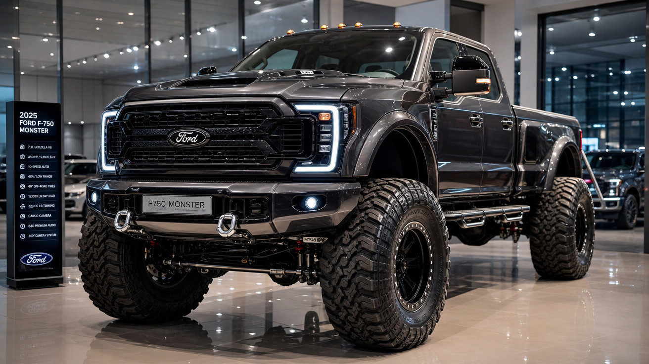 Picape Ford F-750 Monster 2025 cinza escura com pneus grandes em exposição interna.