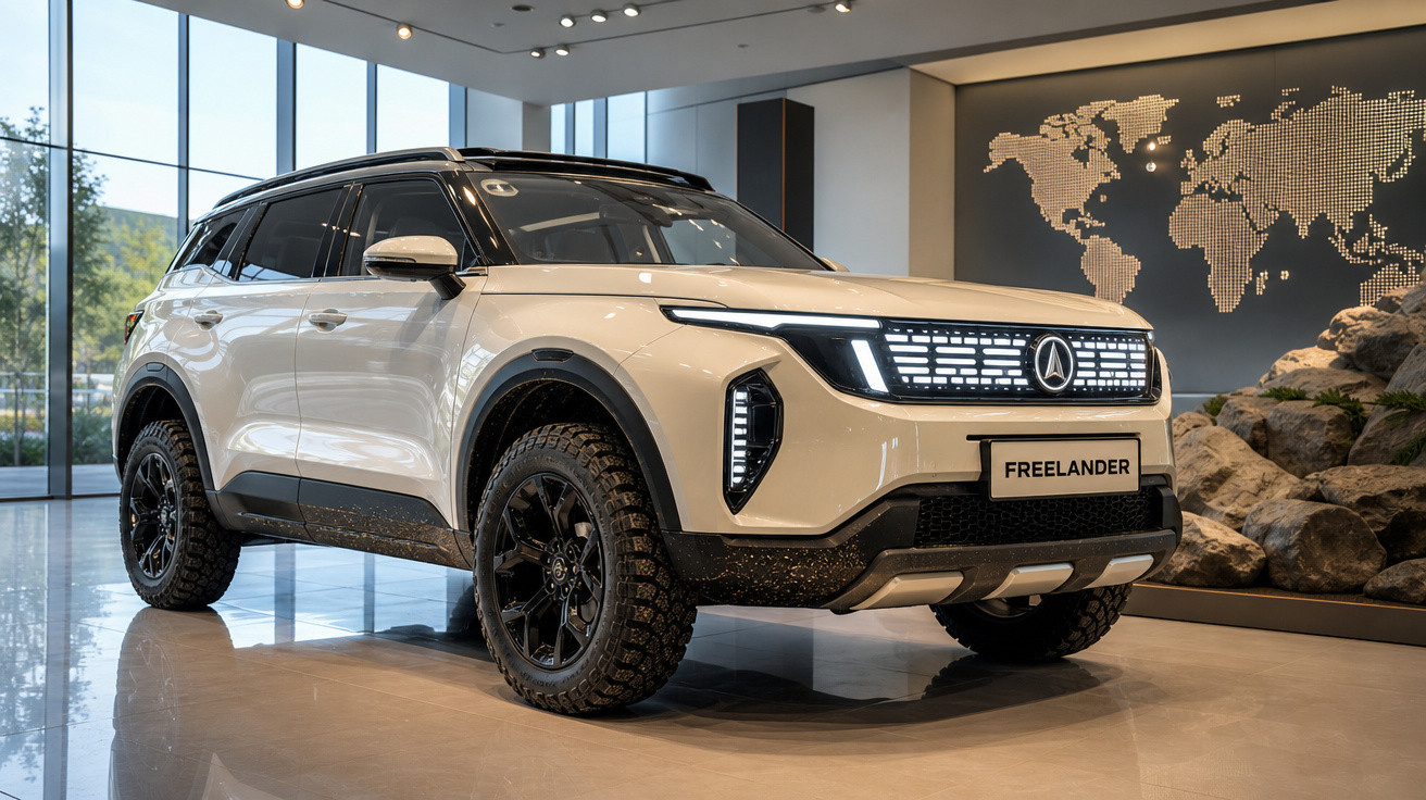 Carro SUV branco modelo Freelander exibido em showroom moderno com mapa-múndi iluminado ao fundo.