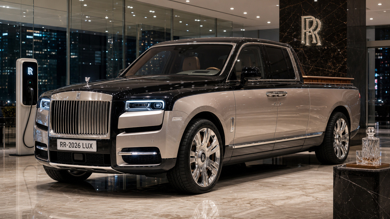 Picape Rolls-Royce Dawn Silver com acabamento preto em showroom moderno e elegante à noite.