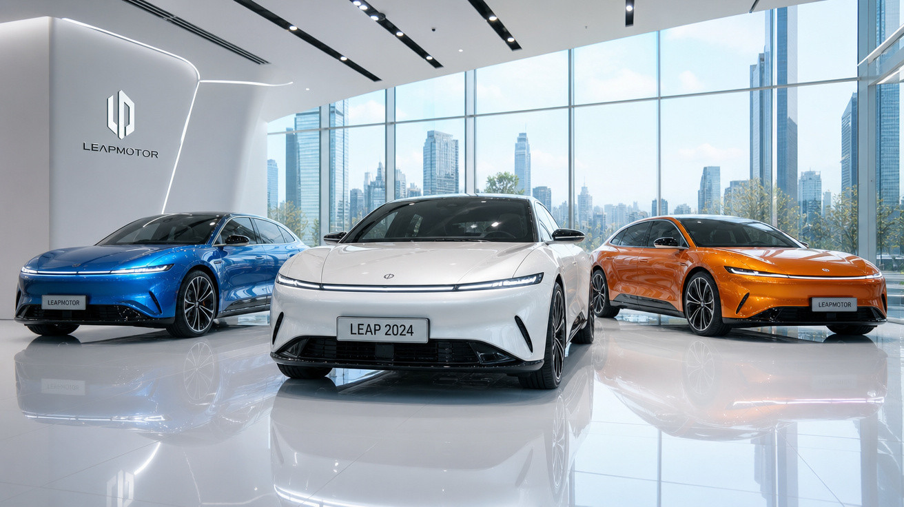 Três carros elétricos Leapmotor em exibição, branco no centro, azul à esquerda e laranja à direita, em showroom moderno com v