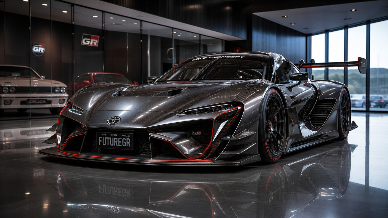 Carro esportivo Toyota GR superesportivo em showroom com design aerodinâmico futurista e corpo preto brilhante.