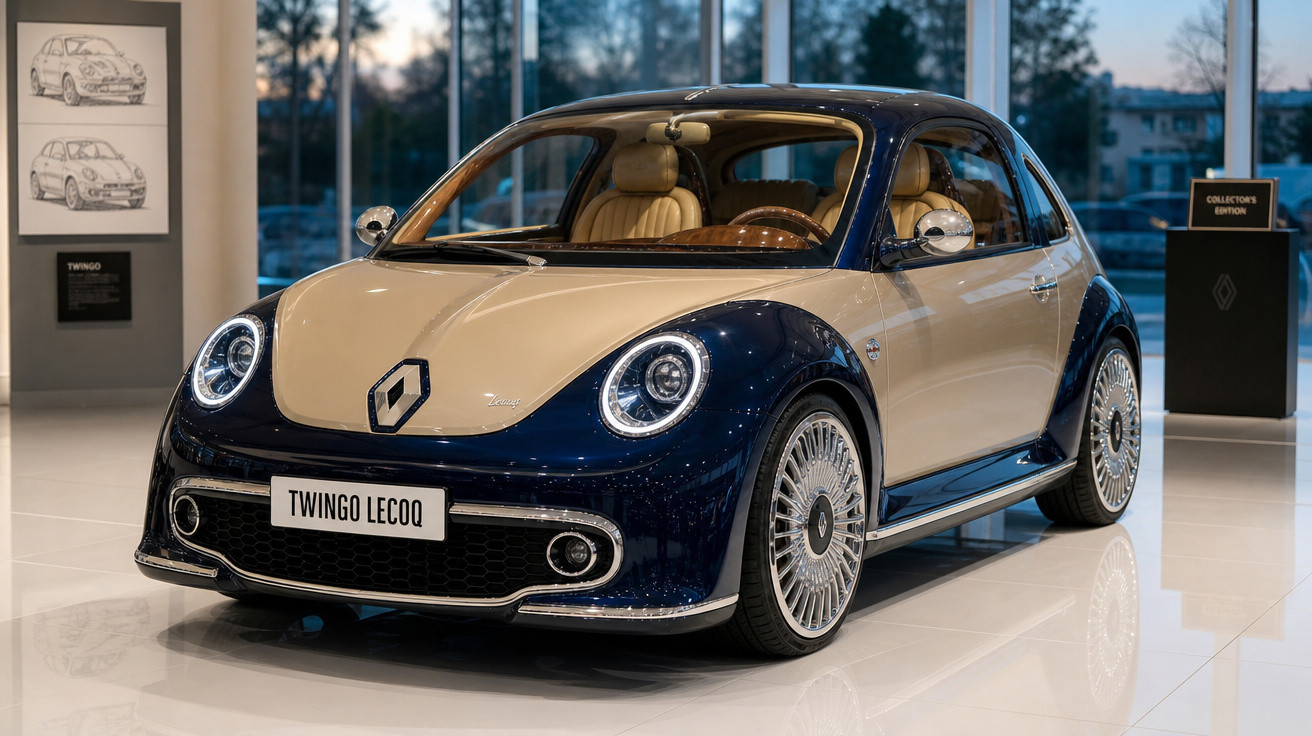 Carro elétrico Renault Twingo Lecoq azul e bege exposto em showroom moderno.
