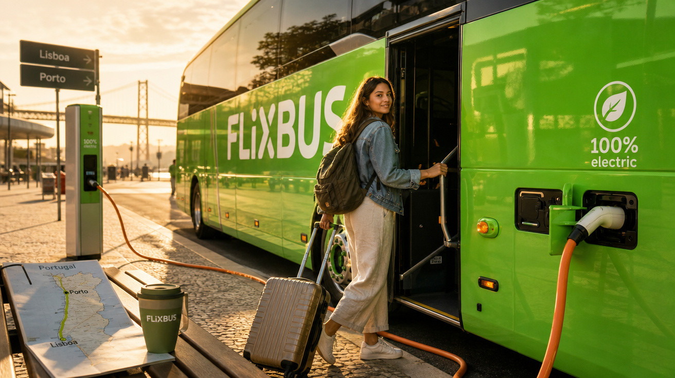 Mulher entrando em ônibus elétrico verde da FlixBus com mala e mochila em estação ao pôr do sol.