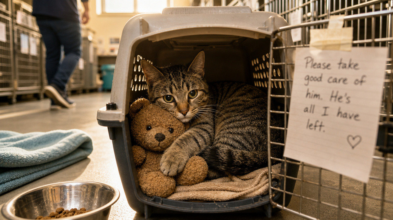 Gato abraçado a um ursinho de pelúcia dentro de uma caixa de transporte, em abrigo, com recado ao lado.