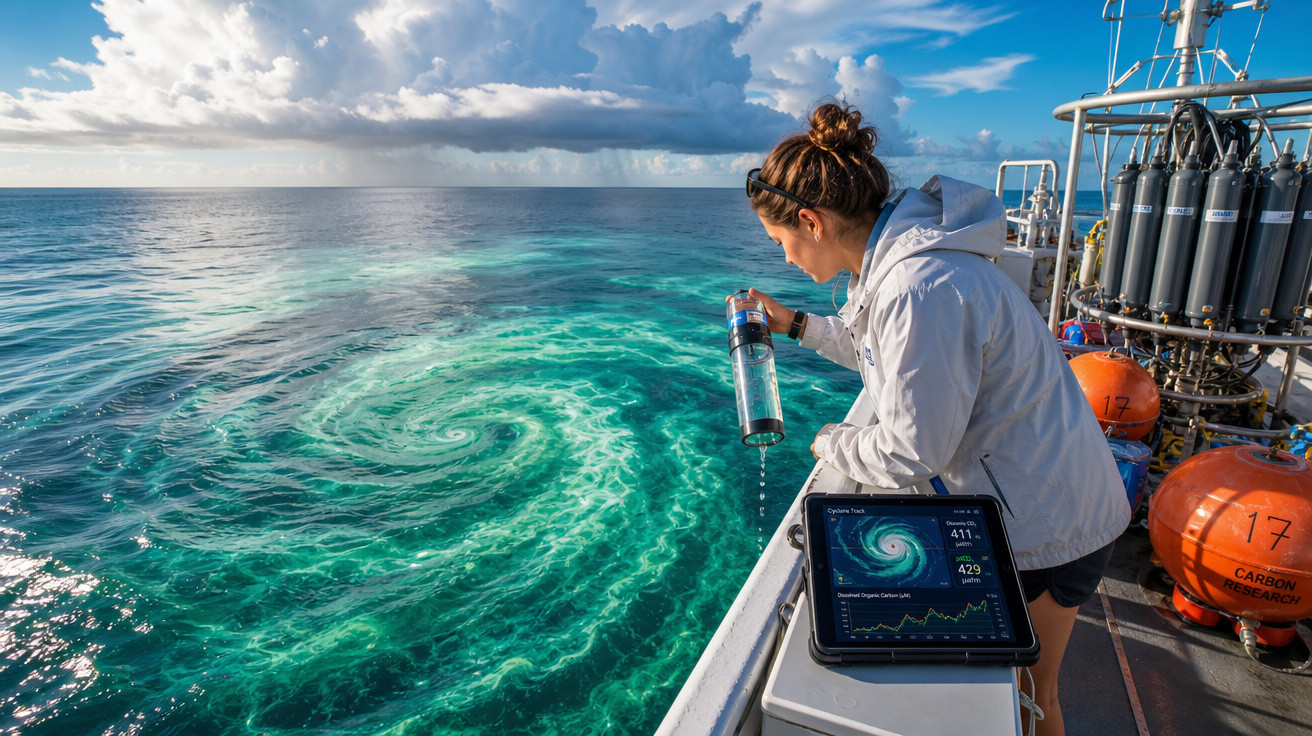 Mulher coleta amostra de água do mar em navio pesquisa com tablet mostrando dados ambientais.