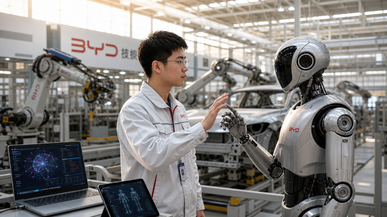 Engenheiro interagindo com robô humanoide em fábrica moderna da BYD, com computadores e carros ao fundo.