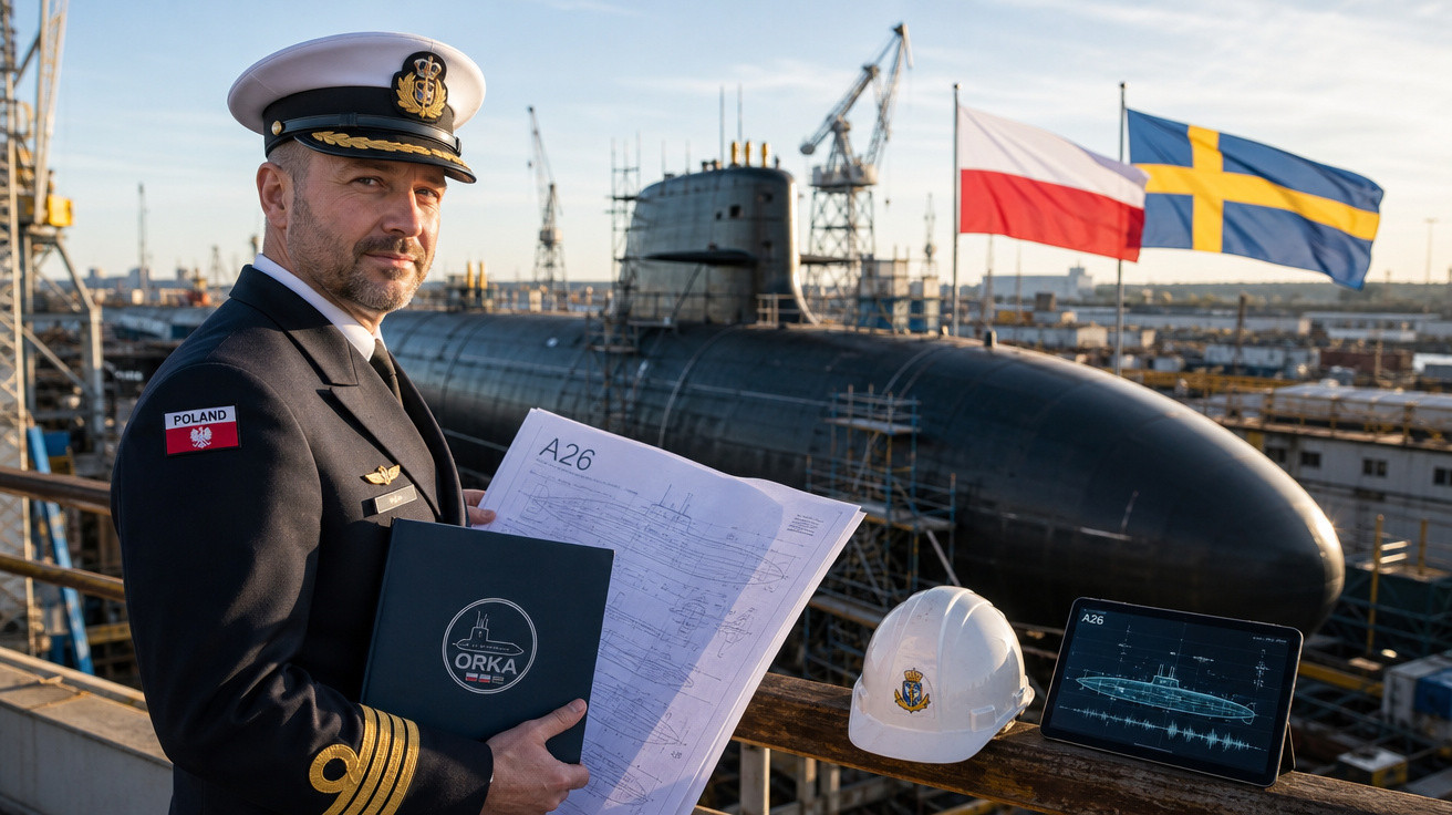 Oficial naval polonês com uniforme, segurando plantas e pasta, com submarino e bandeiras da Polônia e Suécia ao fundo.