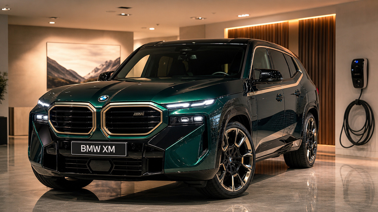 SUV BMW XM verde escuro estacionado em ambiente interno moderno com carregador elétrico na parede.