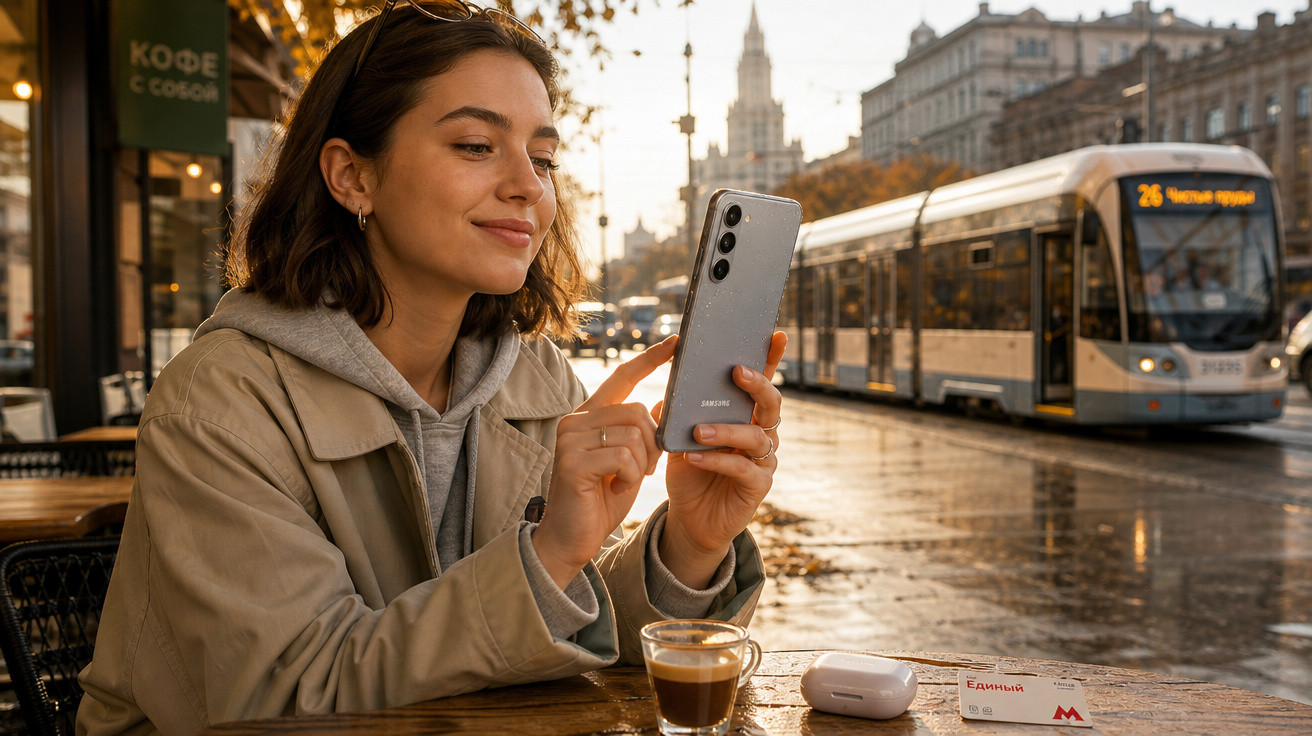 Mulher sentada em cafeteria na rua, usando celular, com café na mesa e bonde passando ao fundo.