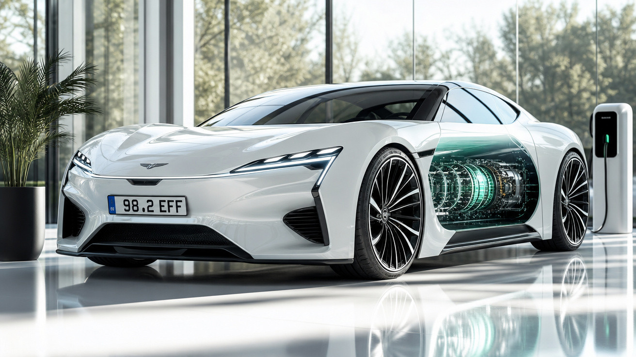 Carro esportivo branco elétrico plugado em estação de recarga com motor digital visível na lateral.