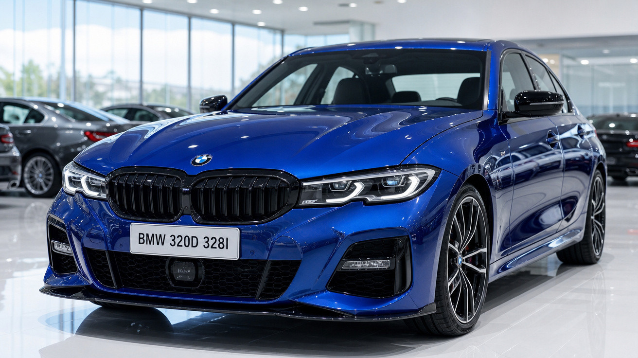 Carro BMW 320D 328i azul exposto em showroom com iluminação branca no teto.