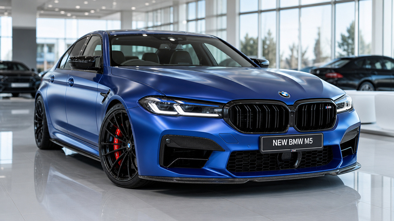 BMW M5 azul metálico em exposição dentro de showroom moderno e iluminado.
