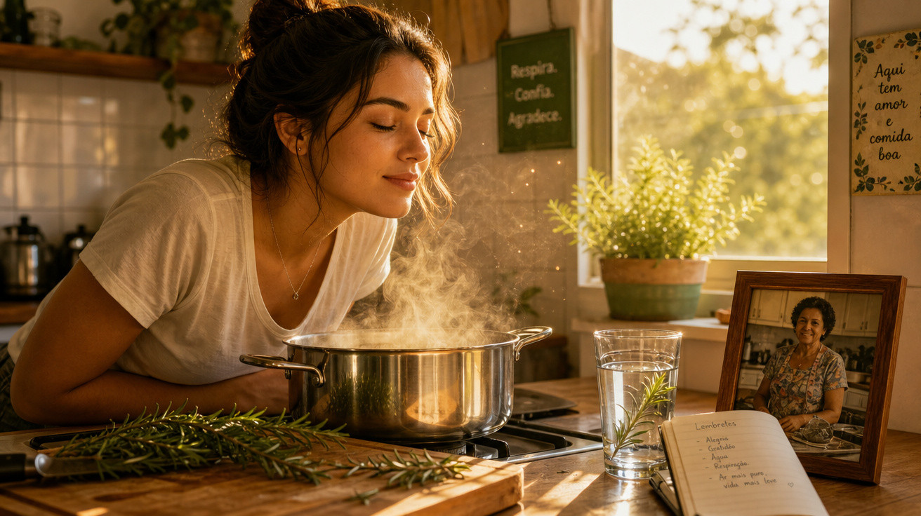Jovem sentindo o aroma da sopa quente na cozinha, com ervas frescas e foto em moldura ao fundo.