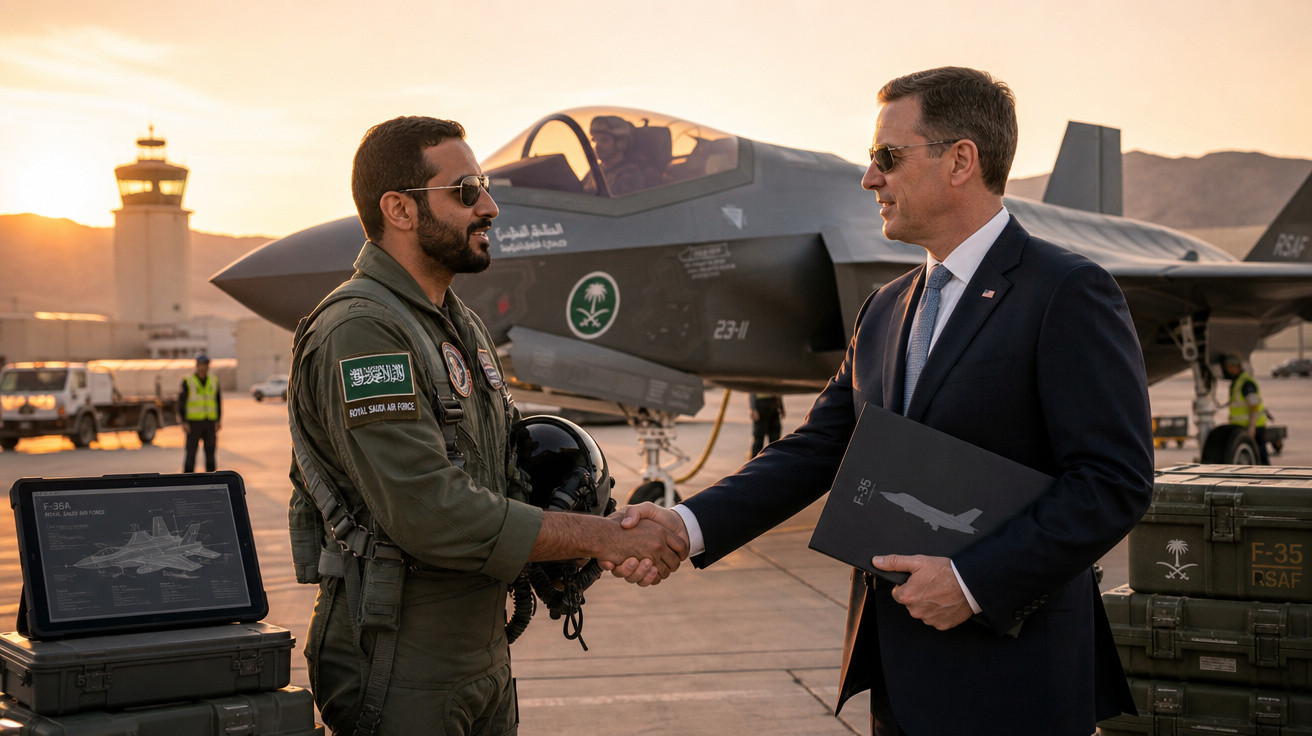 Piloto da Força Aérea Saudita e homem de terno apertam mãos na pista com caça F-35 ao fundo ao pôr do sol.