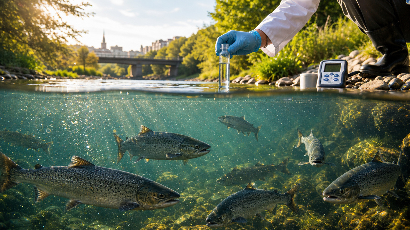 Pesquisador coleta amostra de água em rio com peixes nadando, usando luva e equipamento de análise.