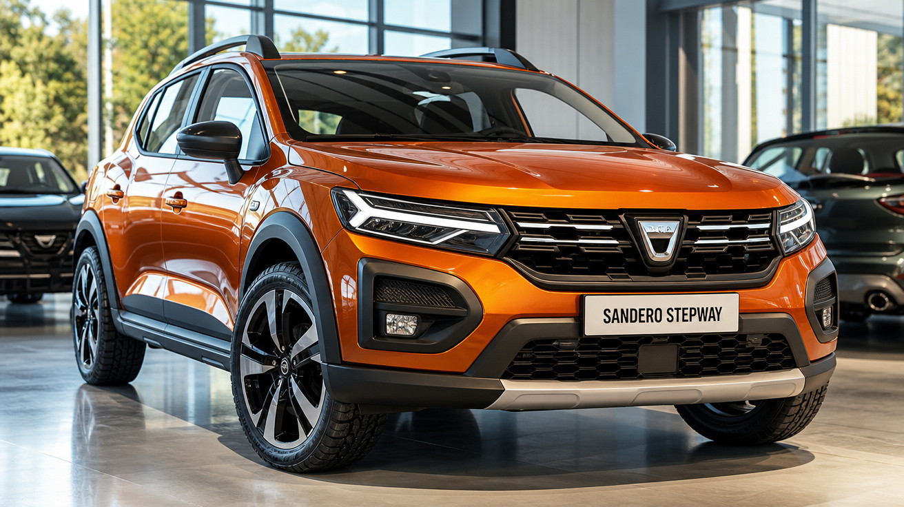 SUV Dacia Sandero Stepway laranja em exposição dentro de showroom moderno e iluminado.