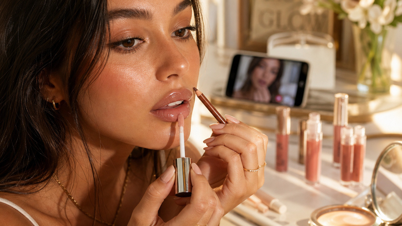 Mulher maquiando os lábios, aplicando gloss e delineador, com vídeo tutorial no celular ao fundo.