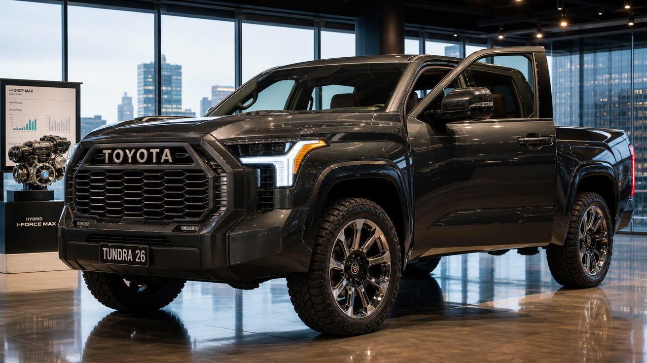 Picape Toyota Tundra 26 preta com faróis acesos em showroom moderno com vista urbana.