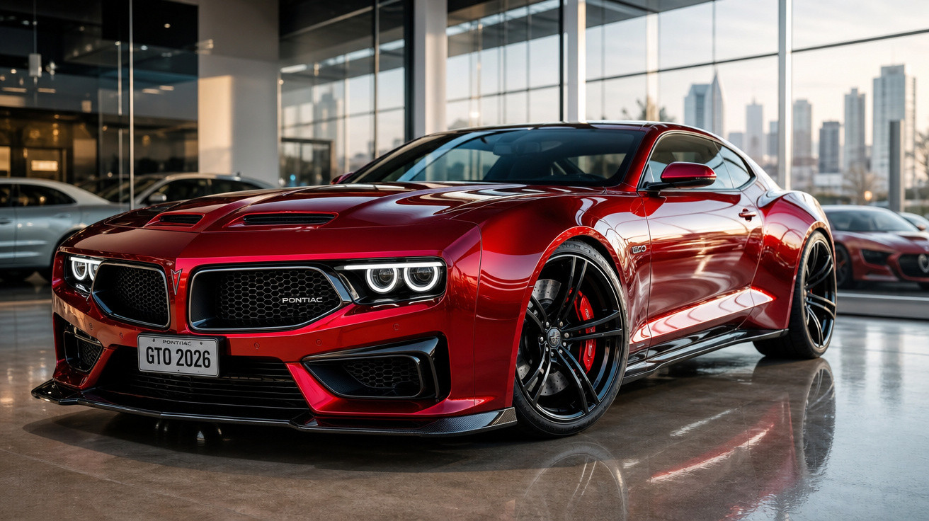 Carro esportivo vermelho Pontiac GTO 2026 com design moderno em showroom com vidro e cidade ao fundo.