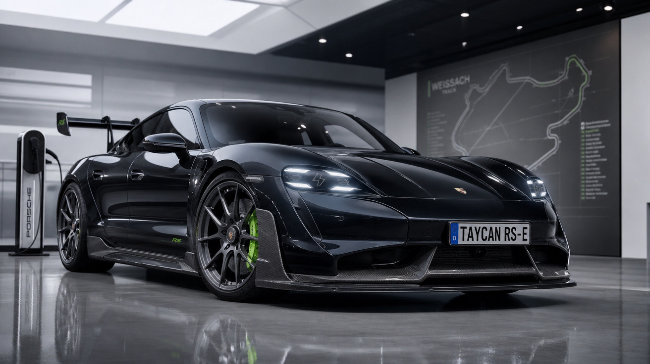 Carro esportivo Porsche Taycan RS-E preto estacionado em ambiente interno com carregador elétrico.