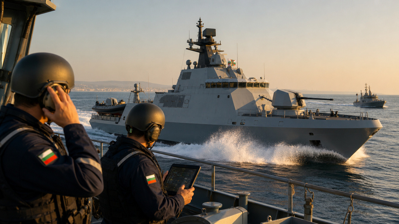 Dois militares de capacete observam navios de guerra em mar calmo ao pôr do sol.