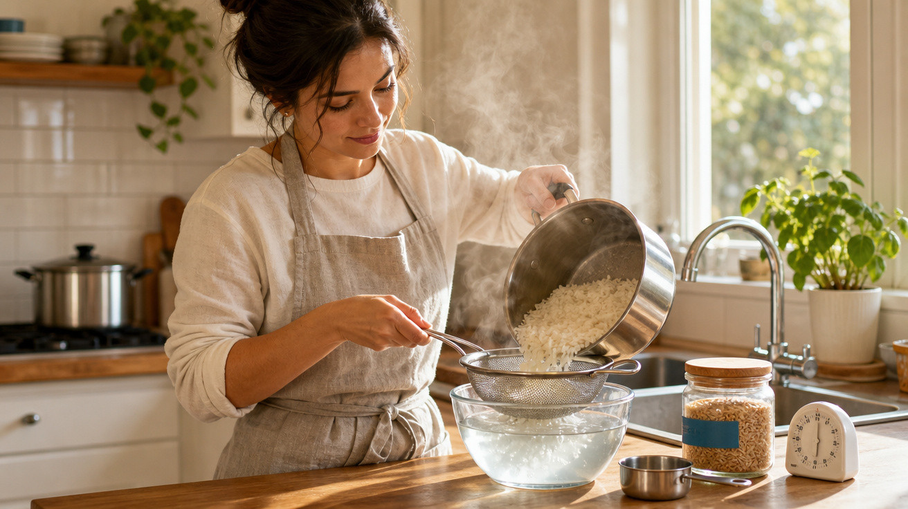 Mulher coando arroz em uma peneira na cozinha com luz natural e utensílios ao redor.
