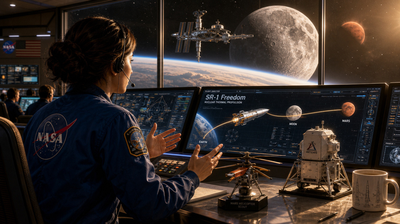Mulher trabalhando na NASA com monitores mostrando foguete e planetas, com estação espacial e Lua ao fundo.