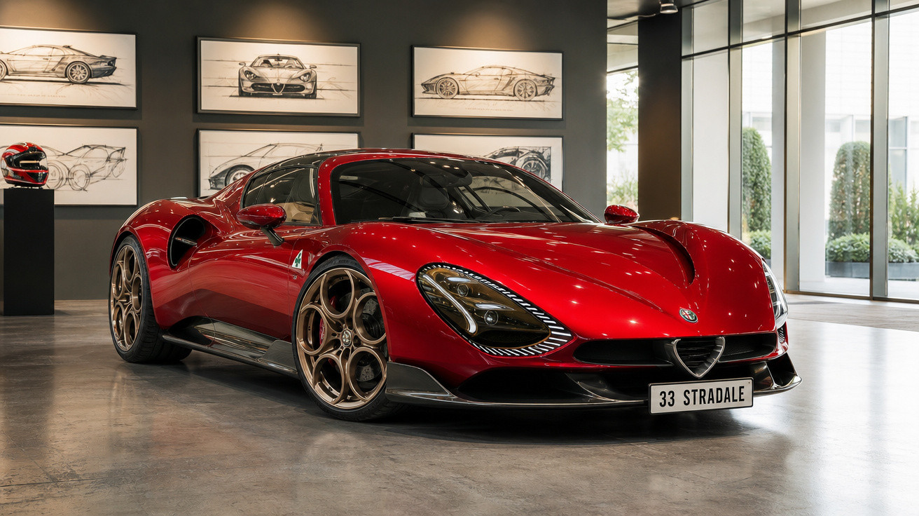 Carro esportivo vermelho Alfa Romeo 33 Stradale em exposição com desenhos do veículo ao fundo.