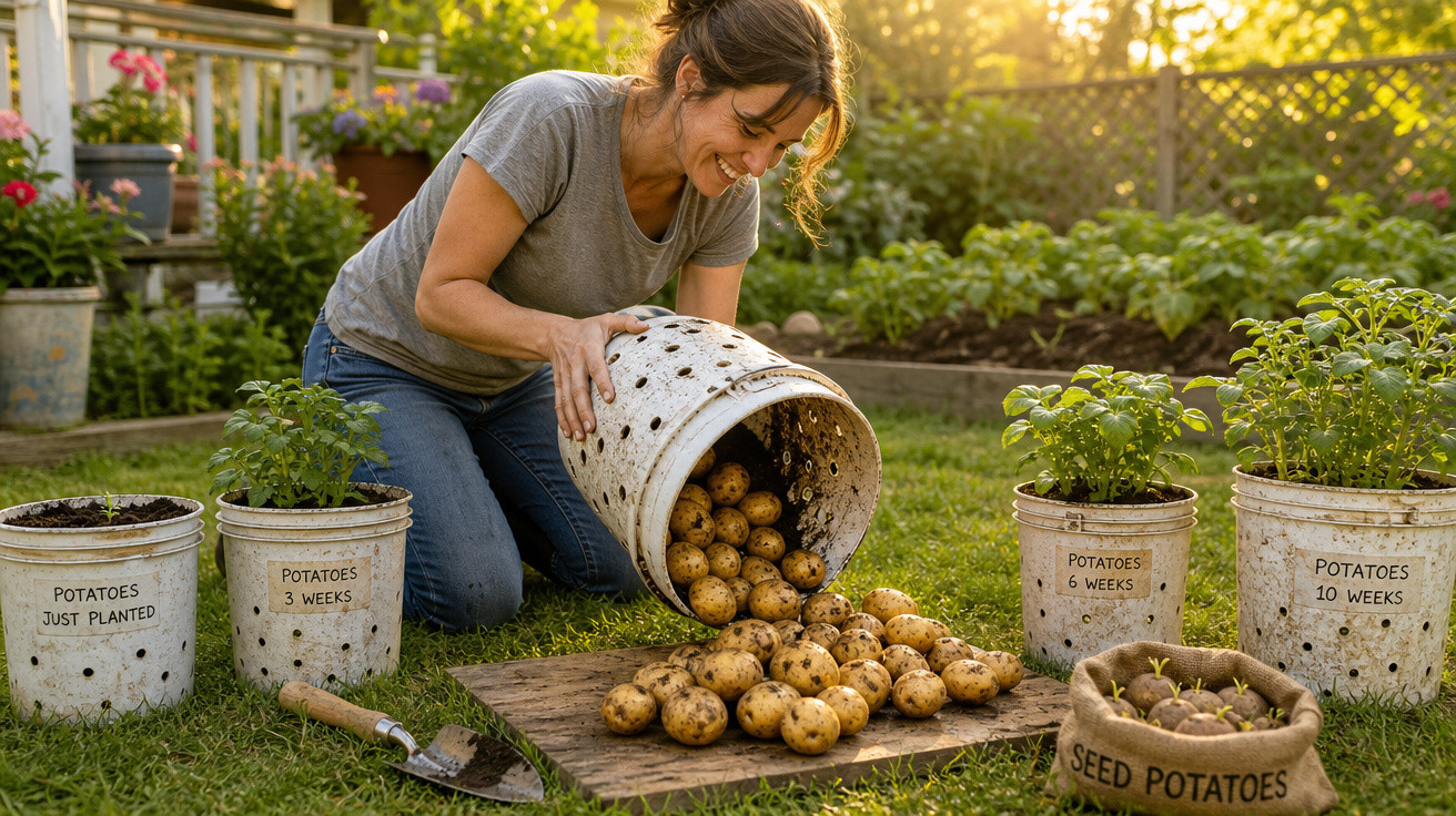 Mulher colhendo batatas em balde, com plantios em diferentes estágios ao redor no jardim ao entardecer.