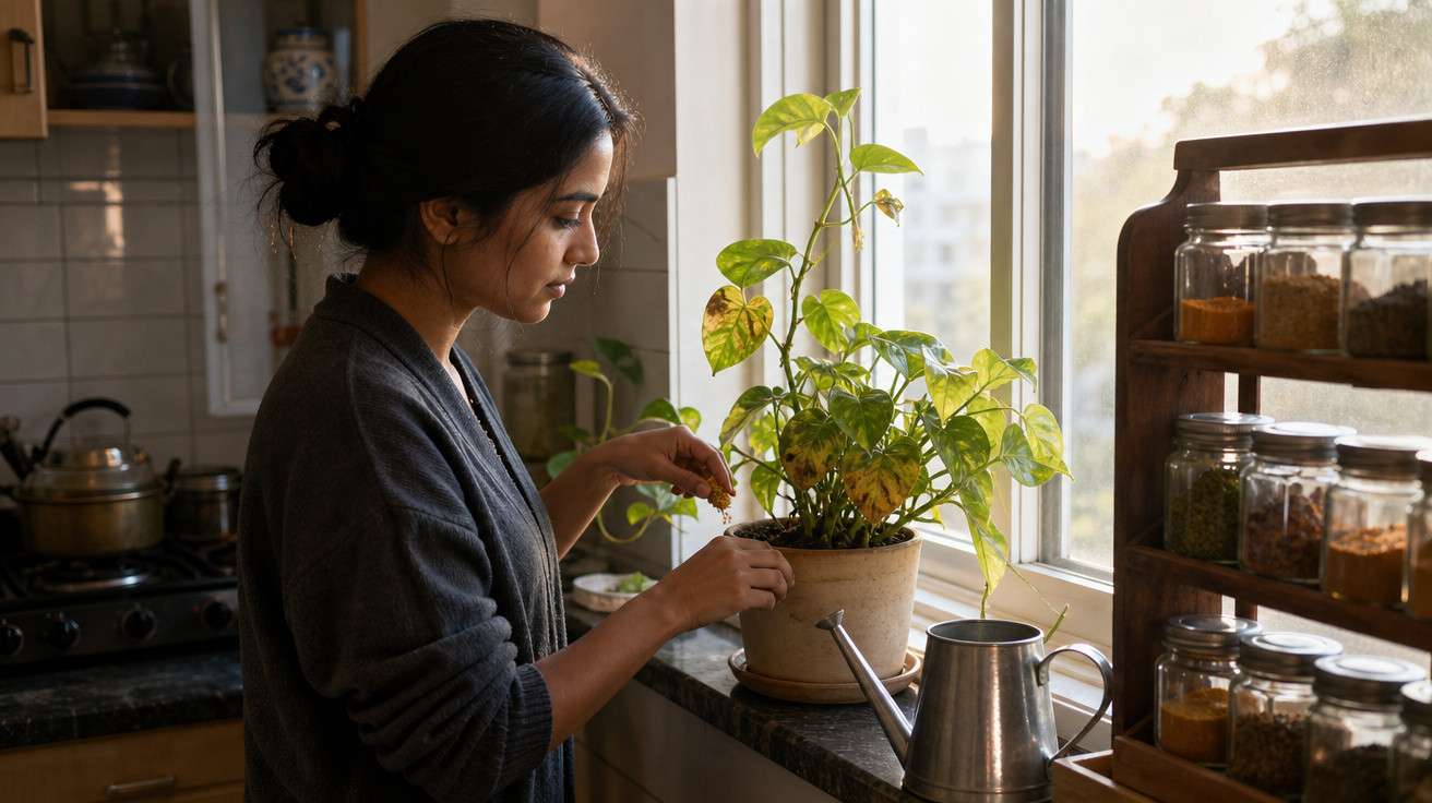Mulher cuidando de planta em vaso próximo a janela na cozinha com regador e potes de temperos ao lado.