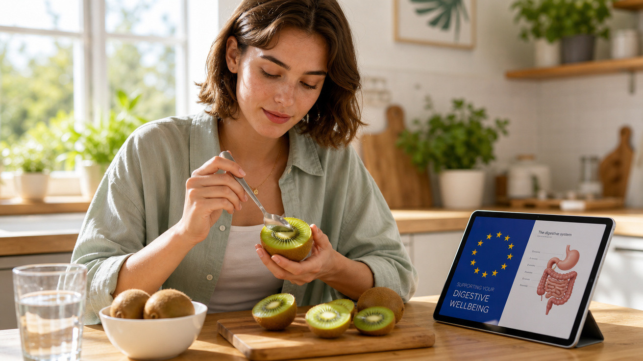 Mulher cortando kiwi na cozinha, com tablet mostrando saúde digestiva ao fundo.