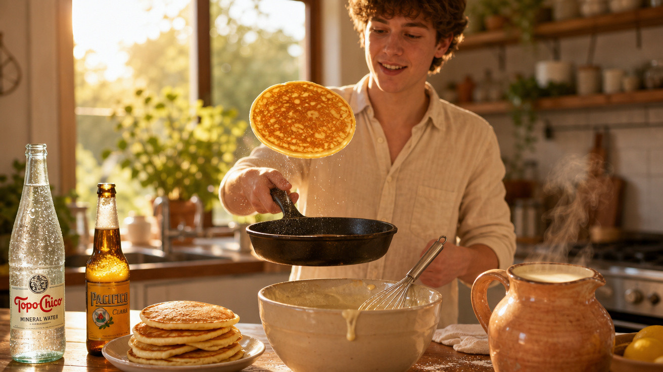 Jovem cozinhando pancakes em uma cozinha iluminada com jarra de cerâmica fumegante na mesa.