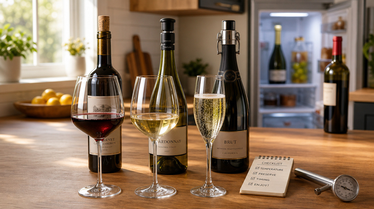 Garrafa de vinho tinto, branco e espumante com taças, checklist e termômetro sobre bancada de madeira.