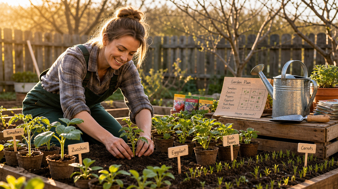 Mulher sorridente plantando mudas em canteiro com várias plantas e etiquetas, ao pôr do sol.