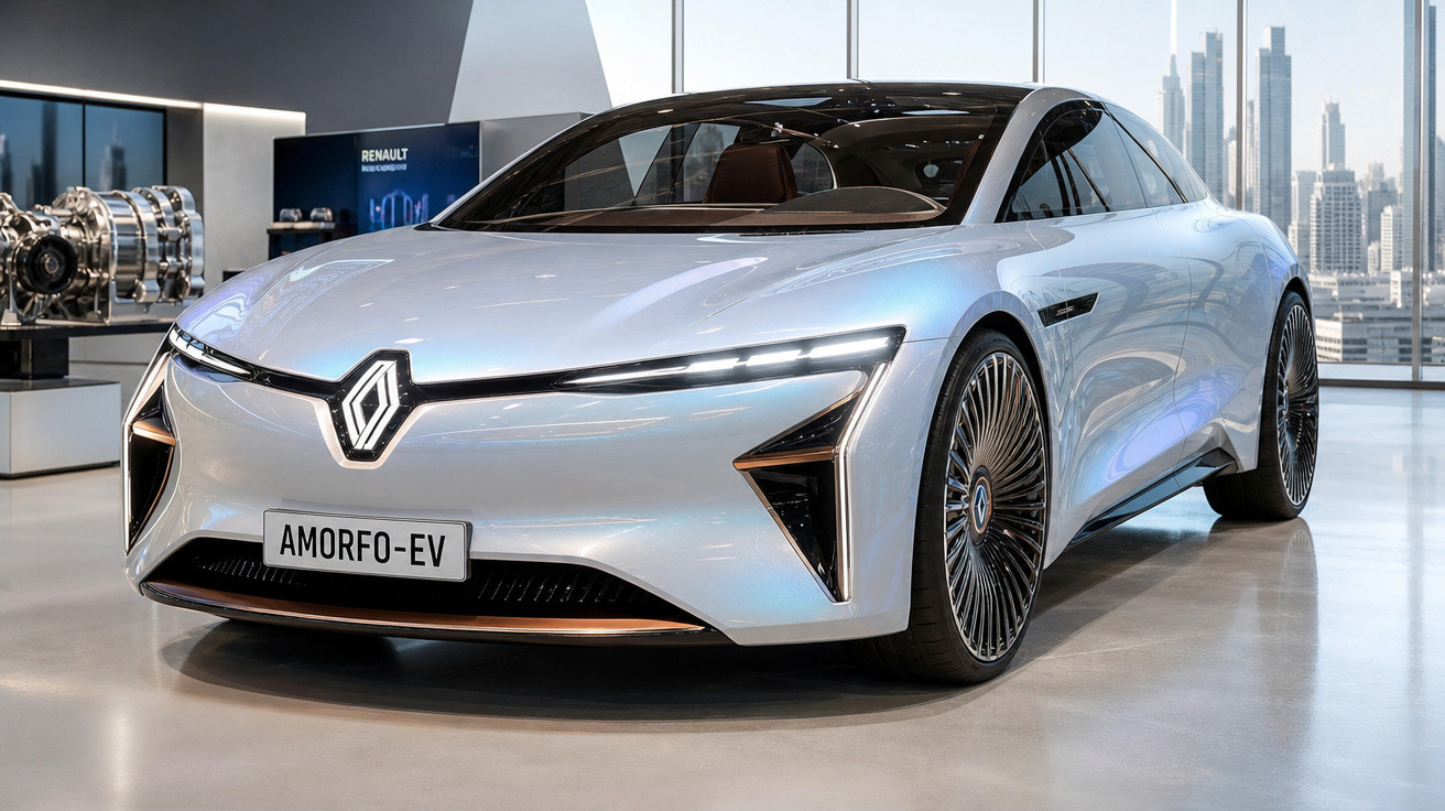 Carro elétrico conceito Renault AMORFO-EV prata exibido em showroom moderno com vidro e vista urbana.
