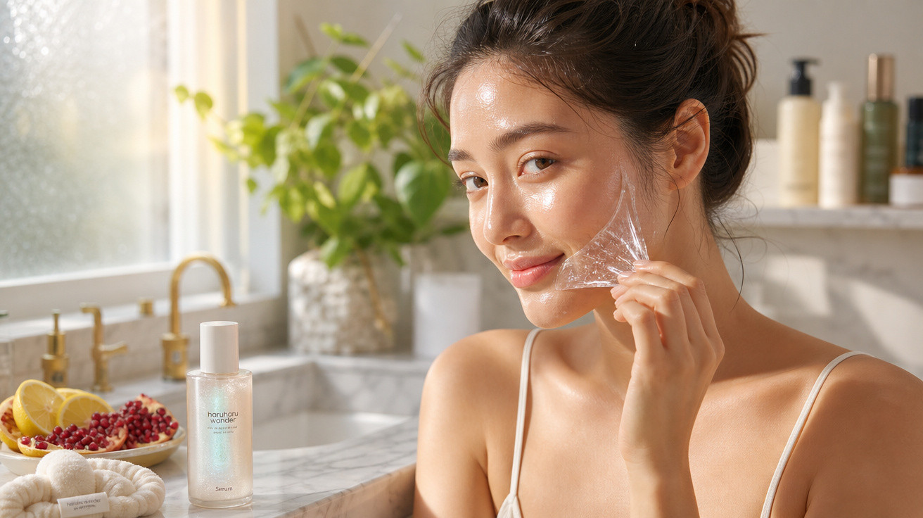 Mulher removendo máscara facial transparente em ambiente iluminado com produtos de skincare ao fundo.
