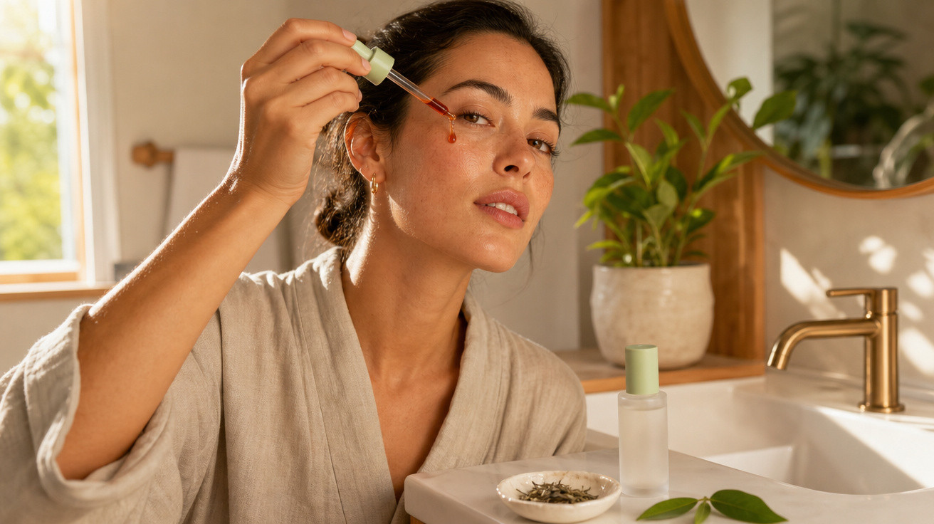 Mulher aplica sérum facial com conta-gotas no rosto em banheiro claro e decorado com planta.