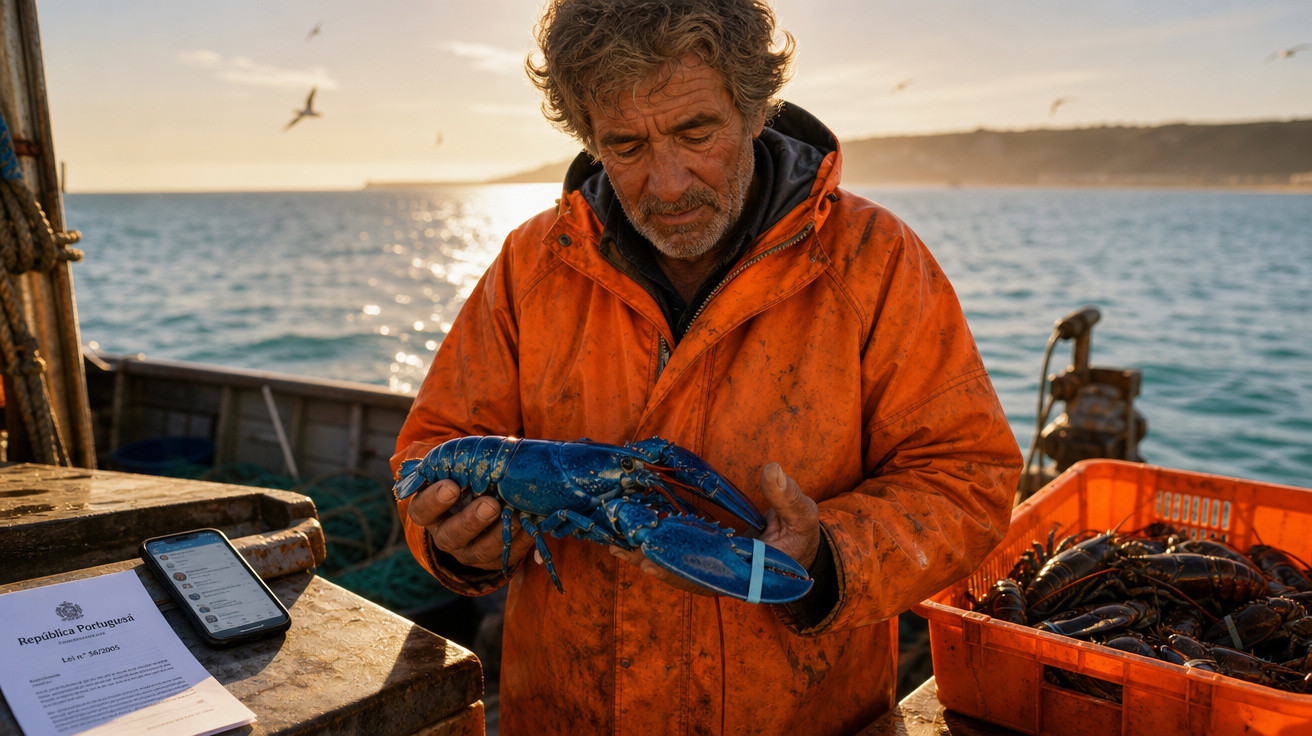 Pescador com capa laranja segurando uma lagosta azul em barco ao pôr do sol no mar.
