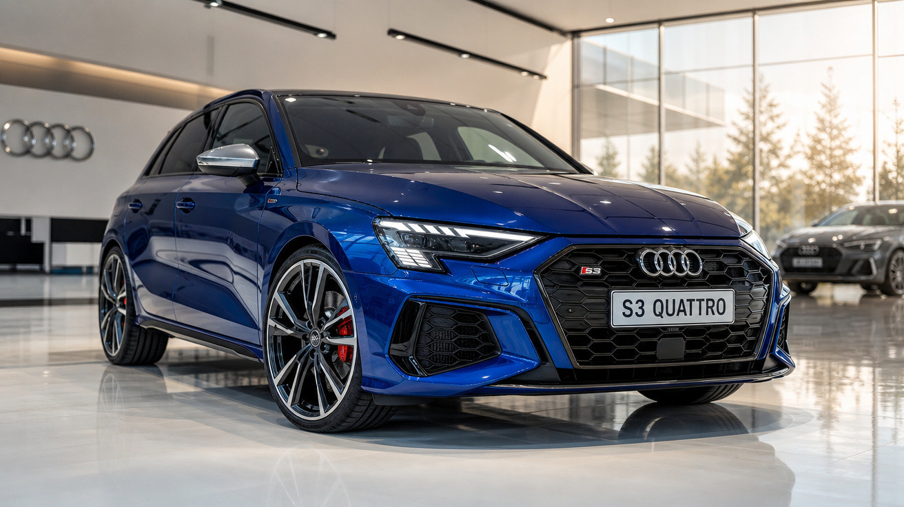 Carro Audi S3 Quattro azul em exposição dentro de showroom moderno e iluminado.
