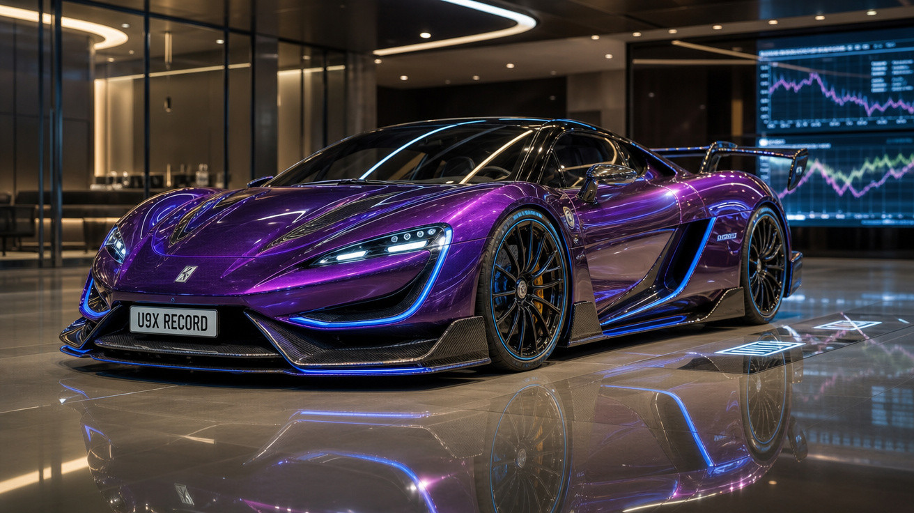 Carro esportivo roxo elétrico U9X Record em garagem moderna com reflexos no chão brilhante.